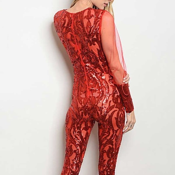 red sequin jumpsuit tulle mesh sleeve - Picture 3 of 4